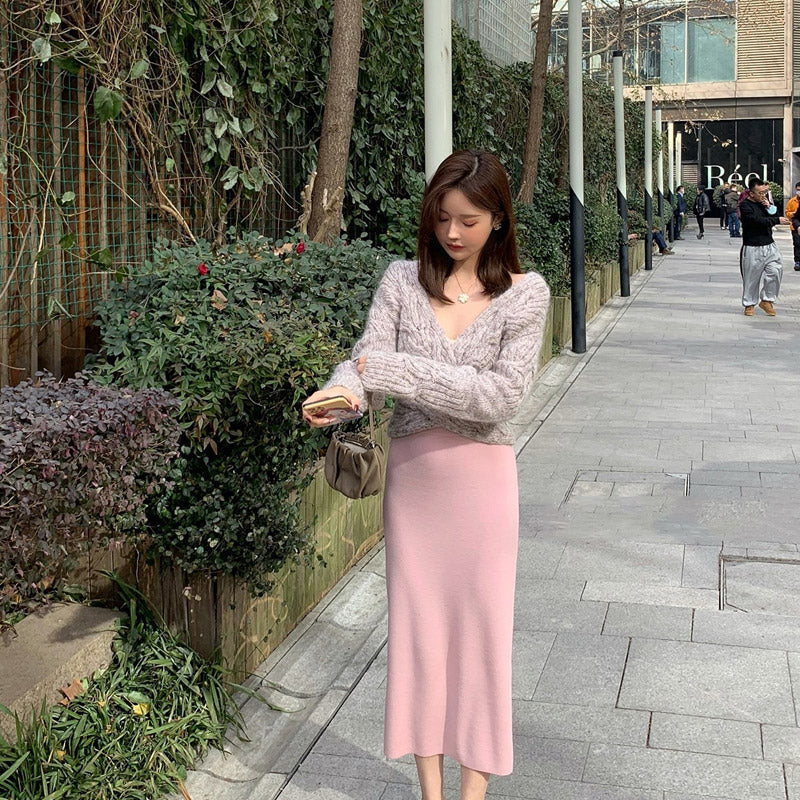 MIDI Mauve Skirt Straight Slim Fit Dress Mid-Length High Waist Skirt