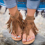 Women Open Toe Sands Flats Summer Plus Size Round Toe Solid Color Flat Heel Tassel Sandal Boots