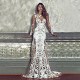 See through Wedding Dress Long Sleeve Sheer Mesh Embroidered Wedding Dress