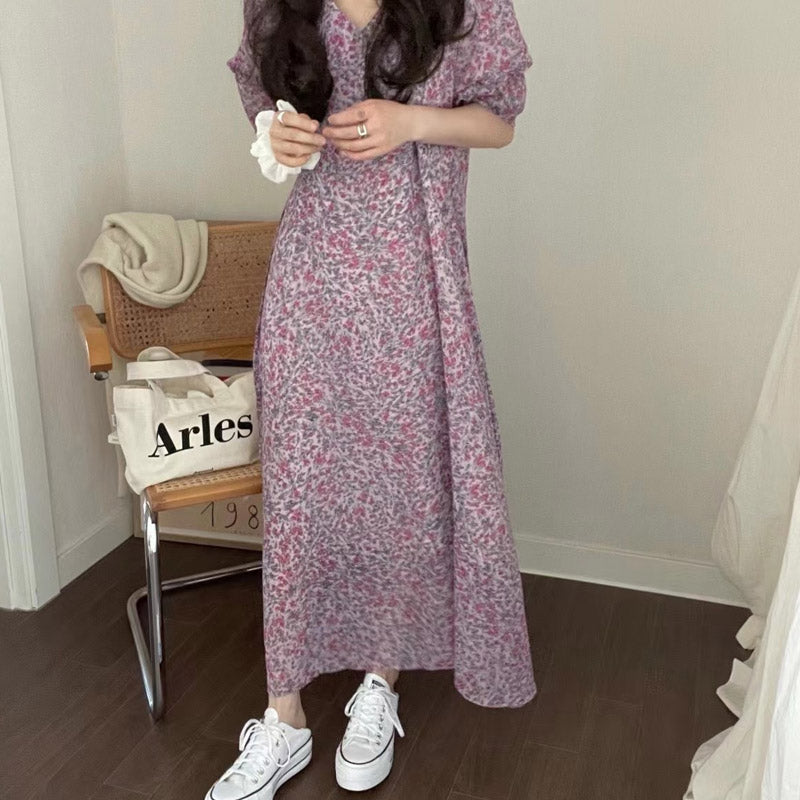 MIDI Mauve Wrap Dress Chest Button V-neck Lace-up Long Dress
