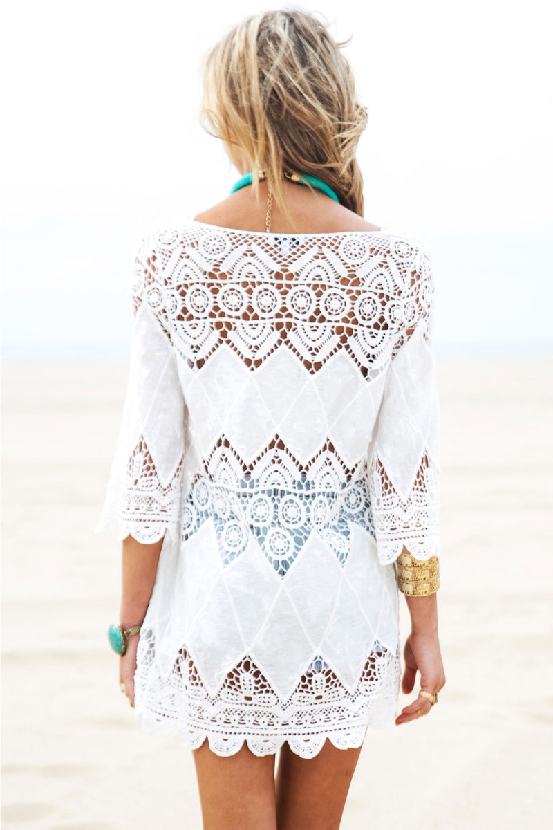 Coachella Music Festival Outfits Hollow out Crochet Embroidered Patch Bikini Cover Beach Dress