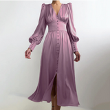 Taffeta Dress Satin Dress Lantern Sleeve Waist-Tight Elegant Slim-Fit Dress