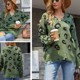 Women Pullover Knit Sweater Autumn and Winter V-neck Leopard Print Fringed Sweater