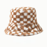 Vintage Check Bucket Hat Plush Warm Hat Imitation Rabbit Fur