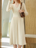 MIDI Mauve Cocktail Dress Autumn and Winter Vintage V-neck Pleated Sleeve Waist Slimming Dress Knitted