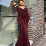 Burgundy Evening Dresses for Weddings Autumn and Winter Lace Long Sleeve Slim-Fit Sheath Dress