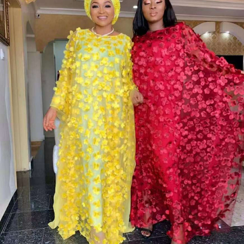 African Dashiki Dress Women's Dress Embroidered Flowers Mesh round Neck Loose