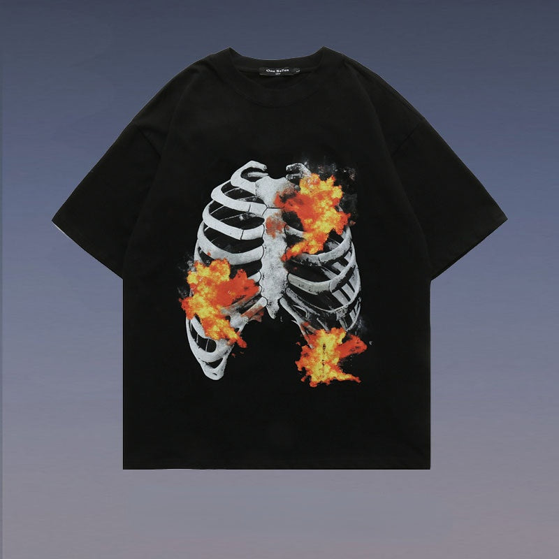 Skull T Shirt Flame Bone Skeleton Loose