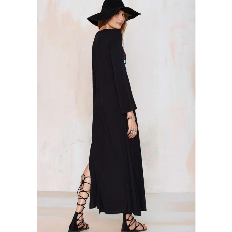 Beth Dutton Bohemian Dress Winter Autumn Maxi Dresses Embroidery Tie-Neck Dress