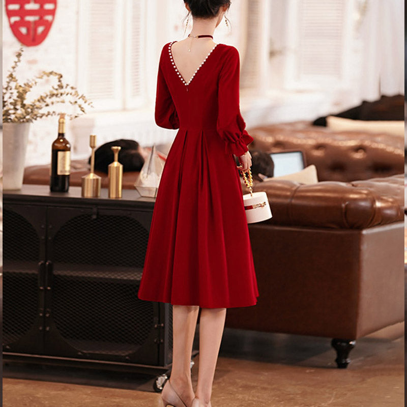Long Sleeve Burgundy Dress Formal Autumn Long Sleeve Slim Dress