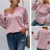 Women Pullover Knit Sweater Autumn and Winter Striped Pullover Fashion Sweater Top