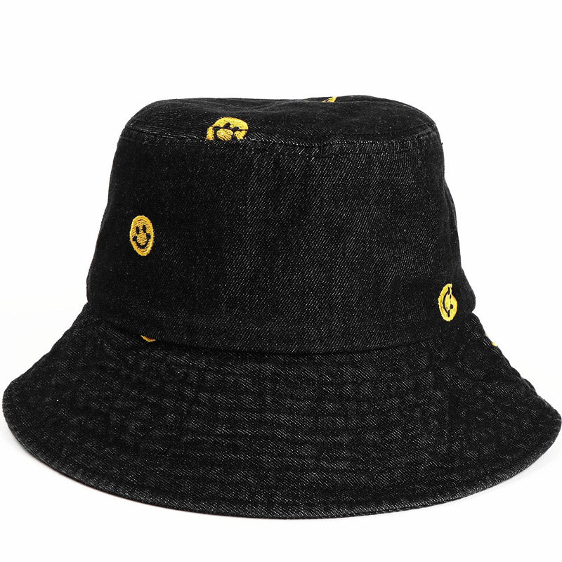 Denim Bucket Hat Fishing Cap Cotton Print Fisherman Hat Smiley Face Women's Fashion Embroidered Retro Sun Hat