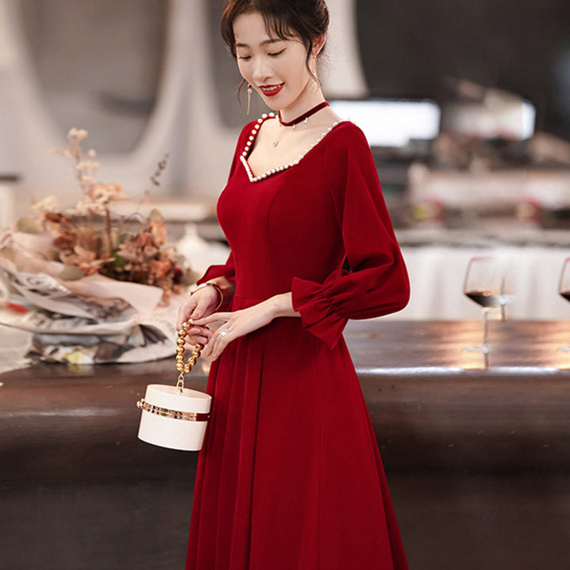 Long Sleeve Burgundy Dress Formal Autumn Long Sleeve Slim Dress