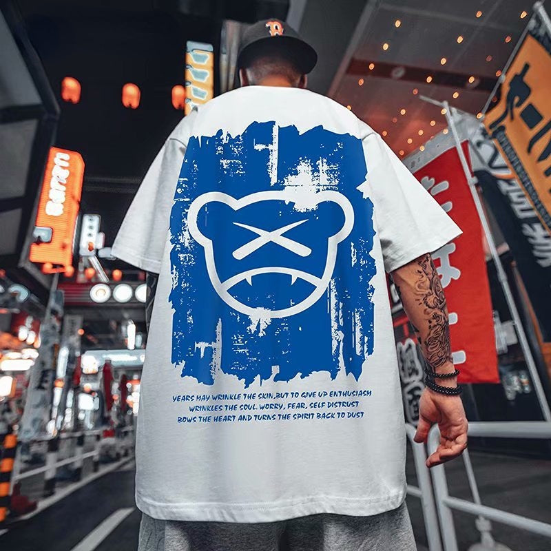 Men T-Shirts Cartoon Bear Print Loose Half Sleeve