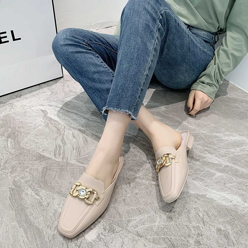 Finn Chain Pointed Toe Mule Man Toe Cap Semi Slipper PVC Plastic Imitation Leather Women's Shoes