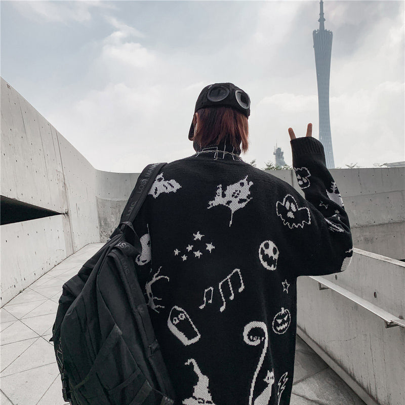 Men Sweater Dark Series Cartoon Fun Letters Brocade Sweater Men