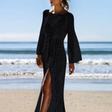 Coachella Music Festival Outfits Sexy Cutout Knitted Beach Dress Long Sleeve Sun Protection Clothing
